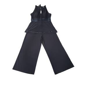 R&M Richards Black Sequin Sleeveless Blouse Shirt & Stretchy Pant Set | Size 14P